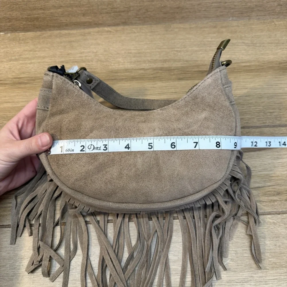 Marlon Firenze Italy Taupe Suede Crescent Shoulder Crossbody Bag Fringe Boho
